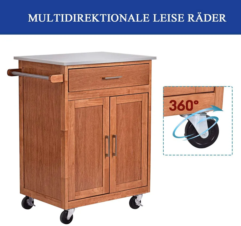 COSTWAY Küchenwagen Mit Schublade, Kücheninsel Mit Handtuchhalter, Küchenschrank Rollbar, Servierwagen Aus Holz, Kücheninselwagen, Mikrowellenwagen, Sideboard Naturholz 4 COSTWAY Küchenwagen Mit Schublade, Kücheninsel Mit Handtuchhalter, Küchenschrank Rollbar, Servierwagen Aus Holz, Kücheninselwagen, Mikrowellenwagen, Sideboard Naturholz – Bild 4