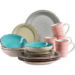 Mäser 931499 Lumaca Vintage Geschirr-Set Für 4 Personen, Handbemaltes Keramik Kombiservice, Steingut, Bunt, 16-teilig (1 Set)