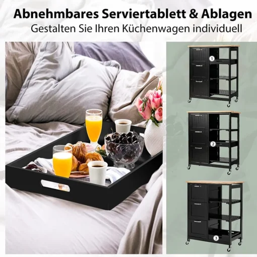 COSTWAY Küchenwagen Mit Tablett, Regalen Und 3 Großen Schubladen, Küchenschrank Rollbar, Kücheninsel Aus Kautschukholz, Servierwagen 67 X 37 X 82,5 Cm (Schwarz) – Bild 3