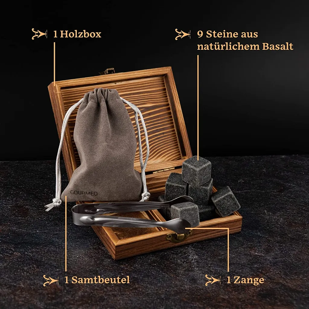 GOURMEO 9 Whisky Steine Im Set In Der Holzbox Aus Natürlichem Basalt 4 GOURMEO 9 Whisky Steine Im Set In Der Holzbox Aus Natürlichem Basalt – Bild 4
