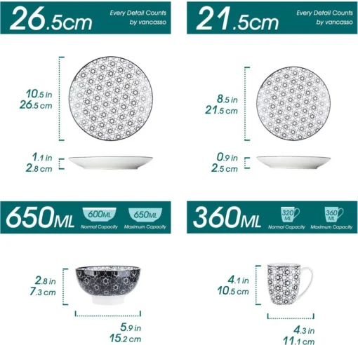 Vancasso, Haruka Porzellan Geschirrservice, 32-teilig Rund Kombiservice Geschirrset Tafelservice Für 8 Personen, Schwarz – Bild 2