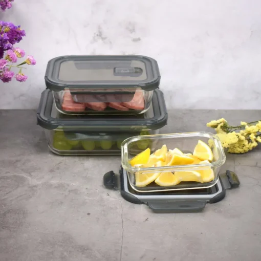 PIE LOCK Vorratsdosen 6 Teilig Eckig - Vorratsdosen Set Mikrowellengeeignete Essensbox Vorratsbehälter - Grau Glasdose Lunchbox Vorratsgläser Set – Bild 4