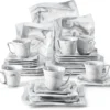 MALACASA, AMPARO 30 Tlg. Marmor Porzellan Geschirrset Kombiservice Tafelservice Mit Kaffeetassen, Unterteller, Dessertteller, Suppenteller, Speiseteller Für 6 Personen