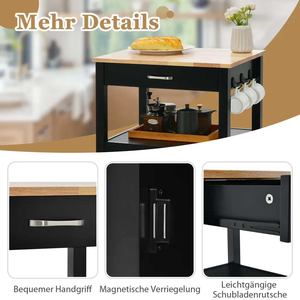 COSTWAY Kleiner Küchenwagen Auf Rollen, Servierwagen Mit Schrank & Schublade Und 3 Haken, Arbeitsplatte Aus Holz, Rollwagen Kücheninsel, Küchentrolley Im Landhausstil (Schwarz) 5 COSTWAY Kleiner Küchenwagen Auf Rollen, Servierwagen Mit Schrank & Schublade Und 3 Haken, Arbeitsplatte Aus Holz, Rollwagen Kücheninsel, Küchentrolley Im Landhausstil (Schwarz) – Bild 5
