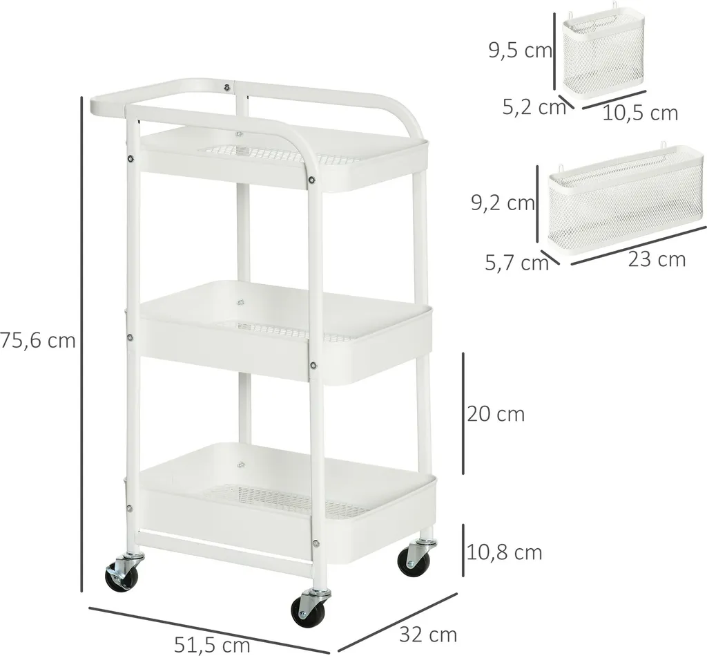 HOMCOM Rollwagen3-Etagen Küchenwagen Mit Schubladen Und Korb Für Küche Büro Schlafzimmer Wohnzimmer Stahl Weiß 51,5 X 32 X 75,6 Cm 3 HOMCOM Rollwagen3-Etagen Küchenwagen Mit Schubladen Und Korb Für Küche Büro Schlafzimmer Wohnzimmer Stahl Weiß 51,5 X 32 X 75,6 Cm – Bild 3