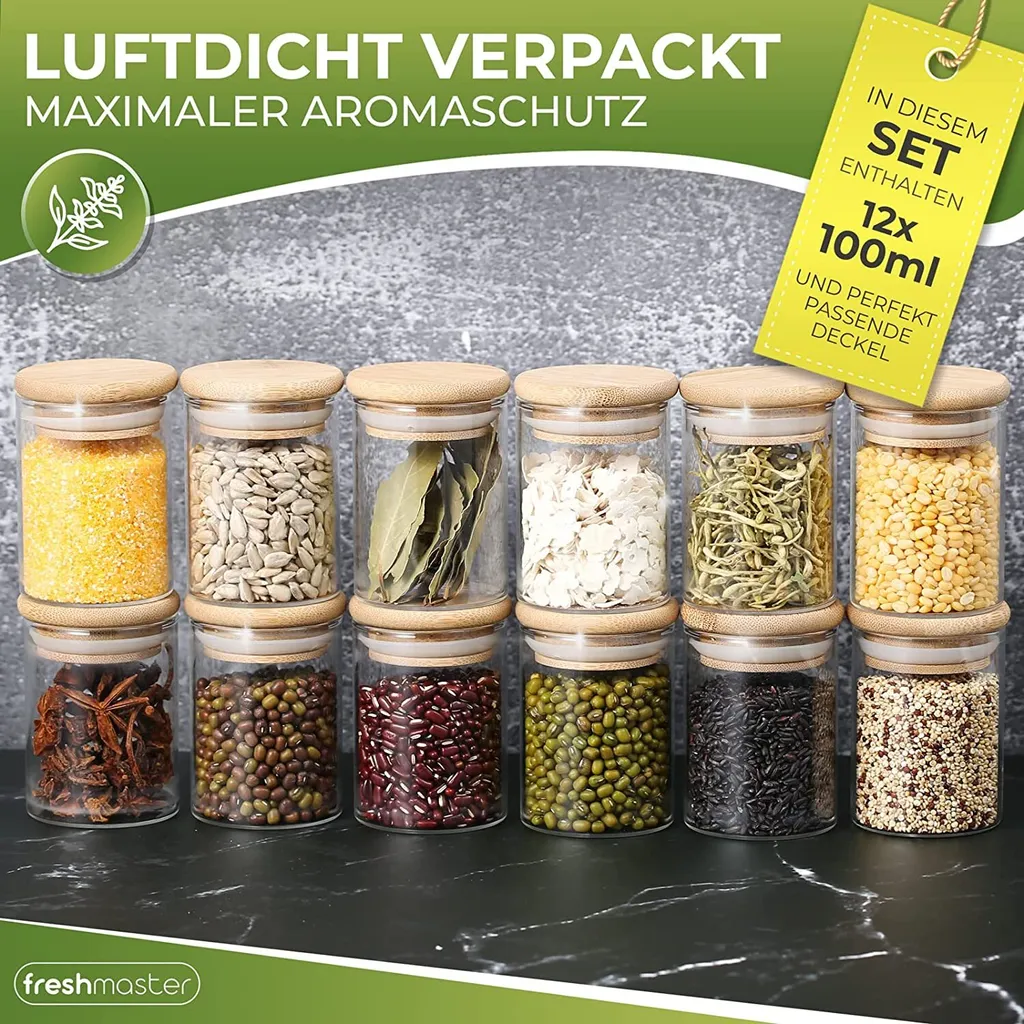 Freshmaster Gewürzgläser Set Aufbewahrung Gewürze I 12x 100ml Vorratsdosen Glas Mit LongLife+ Dichtung Und Bruchsicherem Borosilikat Glas I Glasbehälter Mit Deckel Gläser Gewürze Set Spice Jars 4 Freshmaster Gewürzgläser Set Aufbewahrung Gewürze I 12x 100ml Vorratsdosen Glas Mit LongLife+ Dichtung Und Bruchsicherem Borosilikat Glas I Glasbehälter Mit Deckel Gläser Gewürze Set Spice Jars – Bild 4