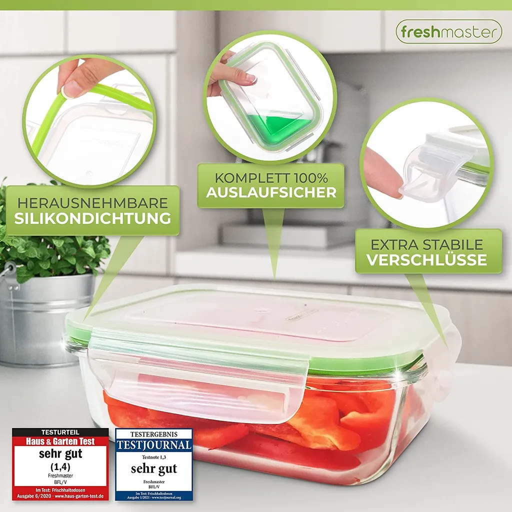 Fresh Master Frischhaltedosen Set 16-tlg. Borosililatglas, (2 X 370 Ml, 2 X 640 Ml, 2 X 1.050 Ml, 2 X 1.520 Ml Frischhaltedose Mit Deckel) 4 Fresh Master Frischhaltedosen Set 16-tlg. Borosililatglas, (2 X 370 Ml, 2 X 640 Ml, 2 X 1.050 Ml, 2 X 1.520 Ml Frischhaltedose Mit Deckel) – Bild 4