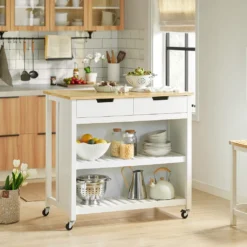 SoBuy FKW74-WN Servierwagen Kücheninsel Sideboard Küchenwagen Küchenschrank Mit 2 Schubladen Und Ablagen Weiß-Natur BHT Ca.: 100x94x60cm