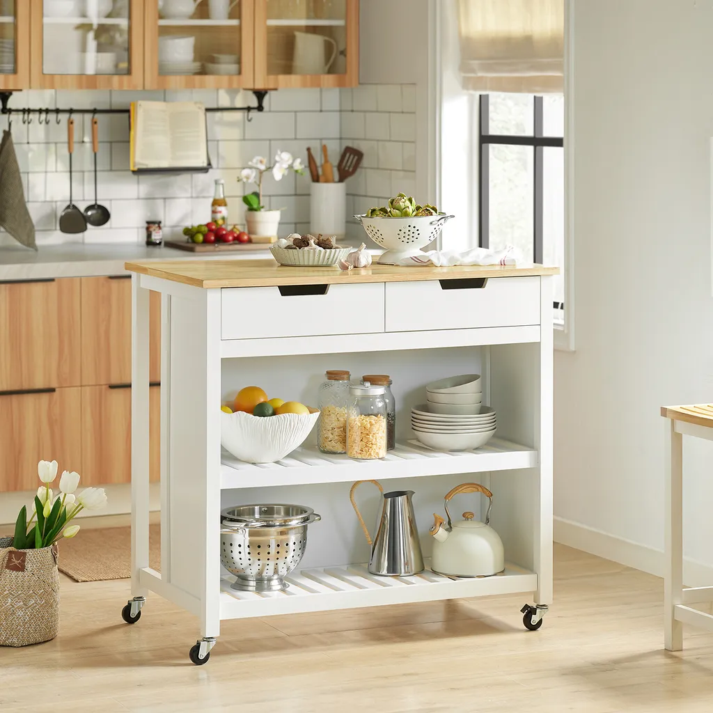 SoBuy FKW74-WN Servierwagen Kücheninsel Sideboard Küchenwagen Küchenschrank Mit 2 Schubladen Und Ablagen Weiß-Natur BHT Ca.: 100x94x60cm 1 SoBuy FKW74-WN Servierwagen Kücheninsel Sideboard Küchenwagen Küchenschrank Mit 2 Schubladen Und Ablagen Weiß-Natur BHT Ca.: 100x94x60cm
