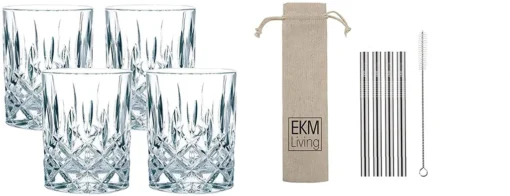 Spiegelau & Nachtmann, 4-teiliges Whisky/Longdrink-Set, Noblesse, 89207 + 4er Set EKM Living Edelstahl Strohhalme (Silber)