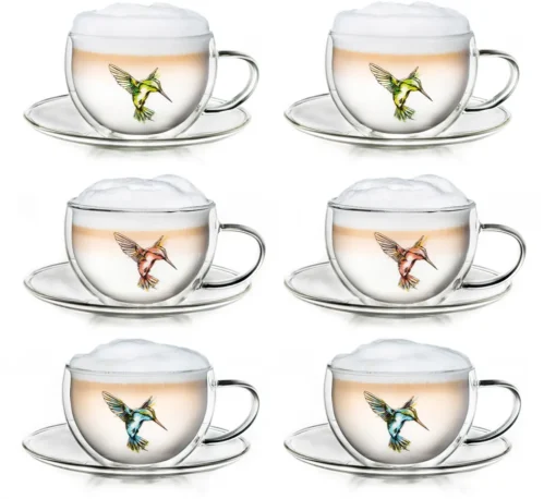 Creano 6er-Set Thermo-Tasses "Hummi" Für Tee/Latte Macchiato, Doppelwandig, Mit Kolibri-Muster | 250ml In Exklusiver Geschenkpackung