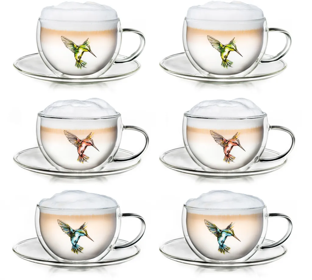 Creano 6er-Set Thermo-Tasses "Hummi" Für Tee/Latte Macchiato, Doppelwandig, Mit Kolibri-Muster | 250ml In Exklusiver Geschenkpackung 1 Creano 6er-Set Thermo-Tasses "Hummi" Für Tee/Latte Macchiato, Doppelwandig, Mit Kolibri-Muster | 250ml In Exklusiver Geschenkpackung