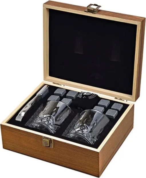 Whisky Geschenkset Nicht Nur Für Whisky Liebhaber:innen, 8 Granit Whisky Steine, 2 Whiskygläser, Eiswürfelzange Und Samtbeutel In Toller Holz Geschenkbox. Neidfaktor Inclusive – Bild 2