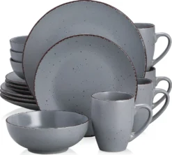 Tafelservice Steingut, Vancasso MODA Geschirrset, Vintage Aussehen, 16-teiliges Kombiservice Mit Je 4 Speisetellern, Kuchentellern, Schalen Und Becher