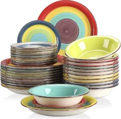 Tafelservice Steingut, Vancasso ARCO 36-teiliges Kombiservice Set, Vintage Geschirrservice Mit Je 12 Speiseteller, Kuchenteller Und Suppenteller, Für 12 Personen, Regenbogen Stil