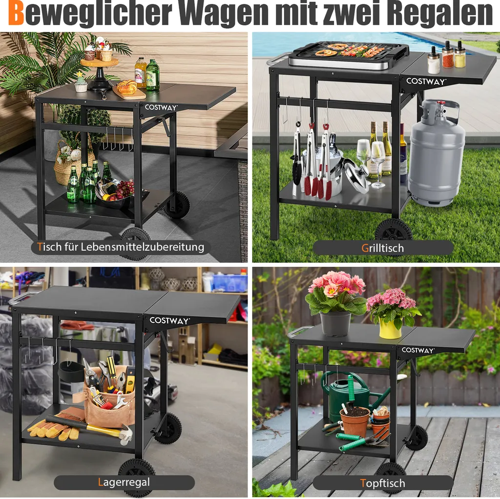 COSTWAY Grilltisch Mit Klappbarer Tischplatte, Beweglicher Campingtisch Mit 2 Ablagen & 4 Haken, Metall Grillwagen Für Außenbereich, Rollwagen Zum Grillen & Outdoorküche, Zubereitungswagen Schwarz 3 COSTWAY Grilltisch Mit Klappbarer Tischplatte, Beweglicher Campingtisch Mit 2 Ablagen & 4 Haken, Metall Grillwagen Für Außenbereich, Rollwagen Zum Grillen & Outdoorküche, Zubereitungswagen Schwarz – Bild 3