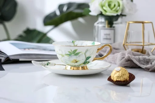 Panbado Floral Kaffeetassen Aus Premium Bone China Porzellan, Beinhaltet 1 Tassen 200 Ml, 1 Untertassen, Und 1 Löffel – Bild 2