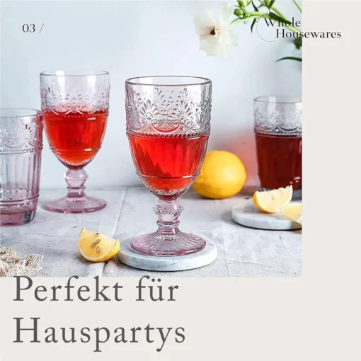 WHOLE HOUSEWARES | Farbige Glaskelche | 6er-Set Trinkgläser | 340 Ml Prägedesign | 6er-Set Hochzeitsgläser (Rosa) – Bild 3