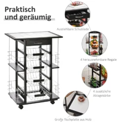 HOMCOM Servierwagen Auf Rollen, Küchenwagen Mit Arbeitsplatte Und Gewürzregal, Rollwagen, Küchentrolley, Kieferholz, Schwarz, 57 X 37 X 83 Cm -Qualitätsladen Für Geschirr 650421e5f072b291037f6d76825e3e67