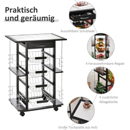 HOMCOM Servierwagen Auf Rollen, Küchenwagen Mit Arbeitsplatte Und Gewürzregal, Rollwagen, Küchentrolley, Kieferholz, Schwarz, 57 X 37 X 83 Cm – Bild 4