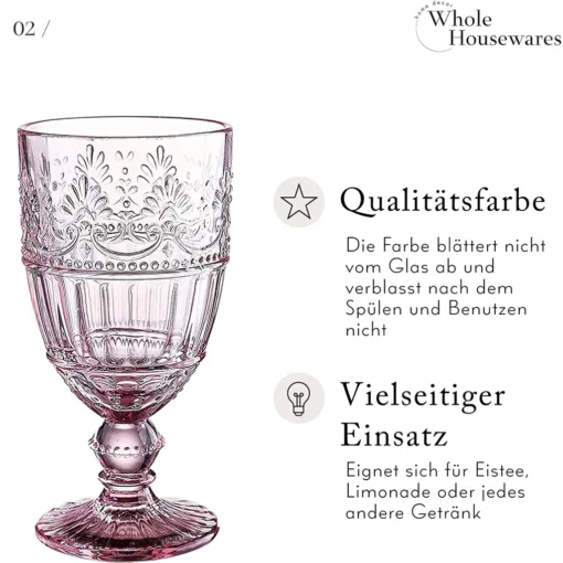 WHOLE HOUSEWARES | Farbige Glaskelche | 6er-Set Trinkgläser | 340 Ml Prägedesign | 6er-Set Hochzeitsgläser (Rosa) – Bild 2