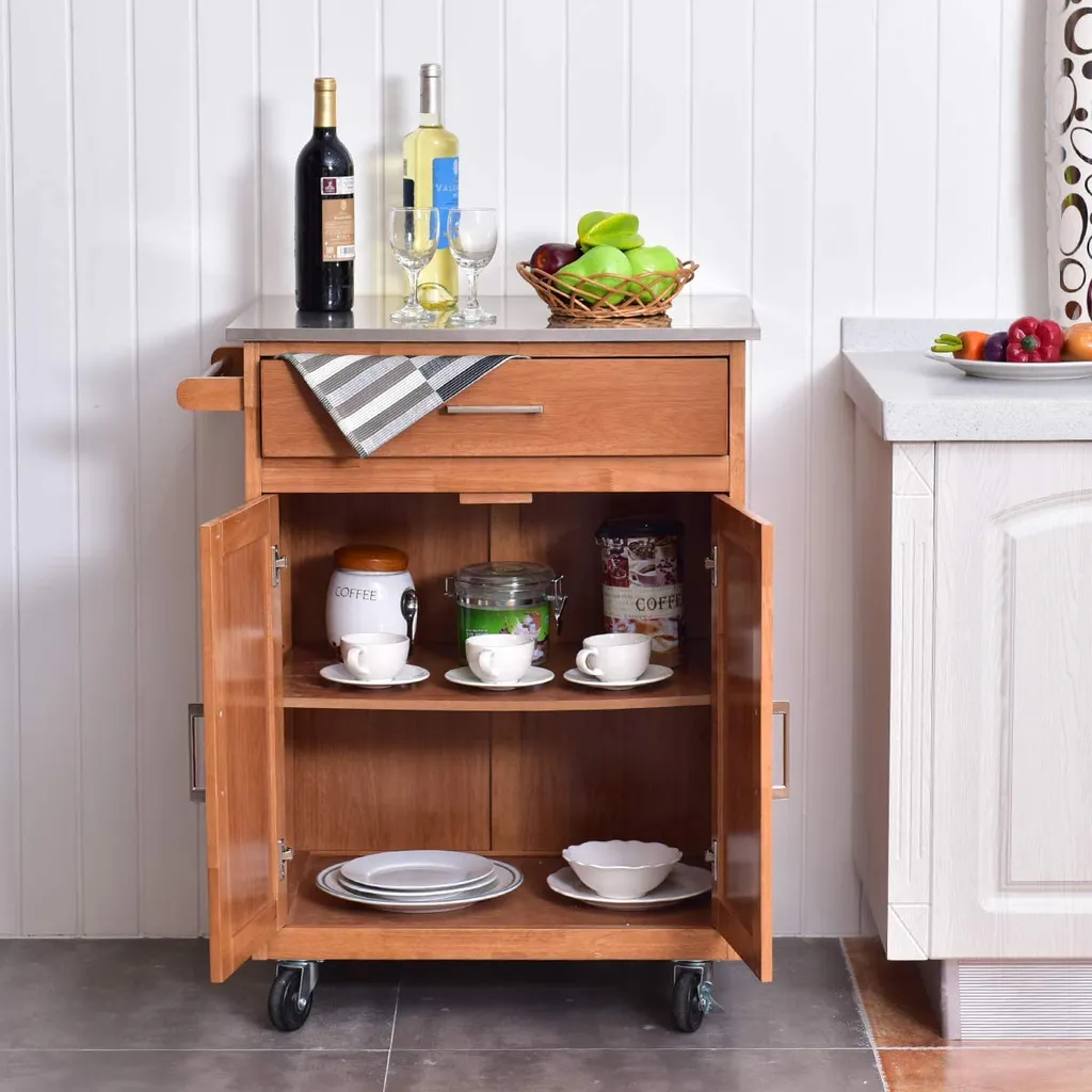 COSTWAY Küchenwagen Mit Schublade, Kücheninsel Mit Handtuchhalter, Küchenschrank Rollbar, Servierwagen Aus Holz, Kücheninselwagen, Mikrowellenwagen, Sideboard Naturholz 2 COSTWAY Küchenwagen Mit Schublade, Kücheninsel Mit Handtuchhalter, Küchenschrank Rollbar, Servierwagen Aus Holz, Kücheninselwagen, Mikrowellenwagen, Sideboard Naturholz – Bild 2