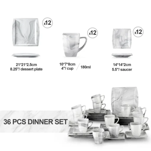 MALACASA, Serie Blance, 36 Tlg. Set Marmor Porzellan Kaffeeservice Geschirrset, Mit 12 Stück Kuchenteller, 12 Stück 180ml Tasse Und 12 Stück Untertasse Für 12 Personen – Bild 2