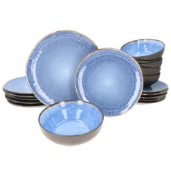 MamboCat Reactive Blue 18-tlg. Set I 6 Personen I Außen Kupfer I Speiseteller, Müslischalen & Kuchenteller I Steingut-Geschirr