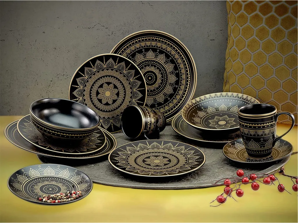 CreaTable 23588 Tafelservice Mandala Für 4 Personen, Steinzeug, Schwarz/gold (1 Set, 12-teilig) 5 CreaTable 23588 Tafelservice Mandala Für 4 Personen, Steinzeug, Schwarz/gold (1 Set, 12-teilig) – Bild 5