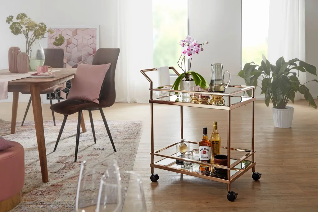 WOHNLING Design Servierwagen Dunkles Gold 2 Ebenen Mit Bremsen | Beistelltisch Auf Rollen | Speisewagen Mit Glasplatte | Küchenwagen | Teewagen 2 WOHNLING Design Servierwagen Dunkles Gold 2 Ebenen Mit Bremsen | Beistelltisch Auf Rollen | Speisewagen Mit Glasplatte | Küchenwagen | Teewagen – Bild 2