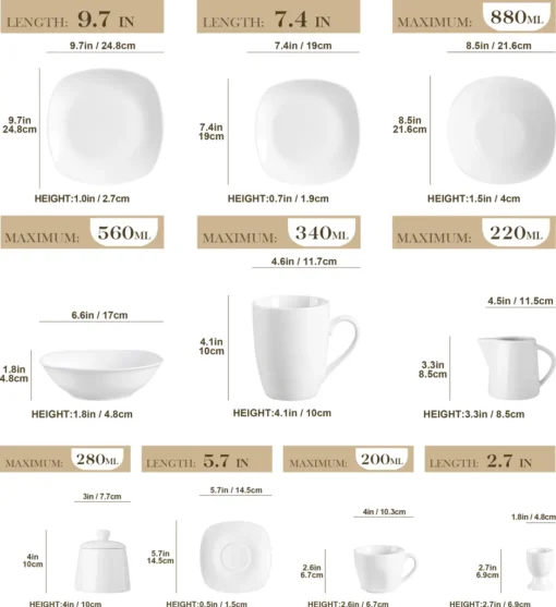MALACASA, Serie Elisa, 100-teilig Tafelservice, Porzellan Kombiservice Mit Speiseteller, Suppenteller, Eierbecher, Kaffeetassen, Müslischalen, Dessertteller Für 12 Personen Grauweiß – Bild 2