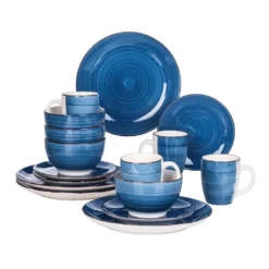 Vancasso Bella Steinzeug Kombiservice, 16 Teilig Geschirrset Für 4 Personen, Mit Je 4 Dessertteller, Speiseteller, Müslischalen, Kaffeebecher, Blau