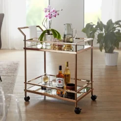 WOHNLING Design Servierwagen Dunkles Gold 2 Ebenen Mit Bremsen | Beistelltisch Auf Rollen | Speisewagen Mit Glasplatte | Küchenwagen | Teewagen