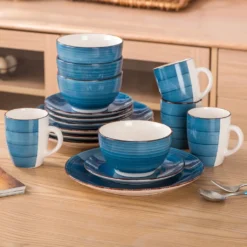 Vancasso Bella Steinzeug Kombiservice, 16 Teilig Geschirrset Für 4 Personen, Mit Je 4 Dessertteller, Speiseteller, Müslischalen, Kaffeebecher, Blau -Qualitätsladen Für Geschirr 7132b233e4ba116513c393574a73d482