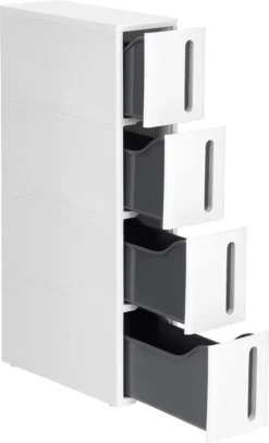SONGMICS Küchenregal, Nischenregal Mit Rollen, Schmaler Rollwagen Mit 4 Schubladen, Mobil, Ausziehbar, Badregal, Küchenschrank Mit Rädern, PP-Kunststoff, Platzsparend, 45 X 17 X 84 Cm, Weiß-grau KFR008G01
