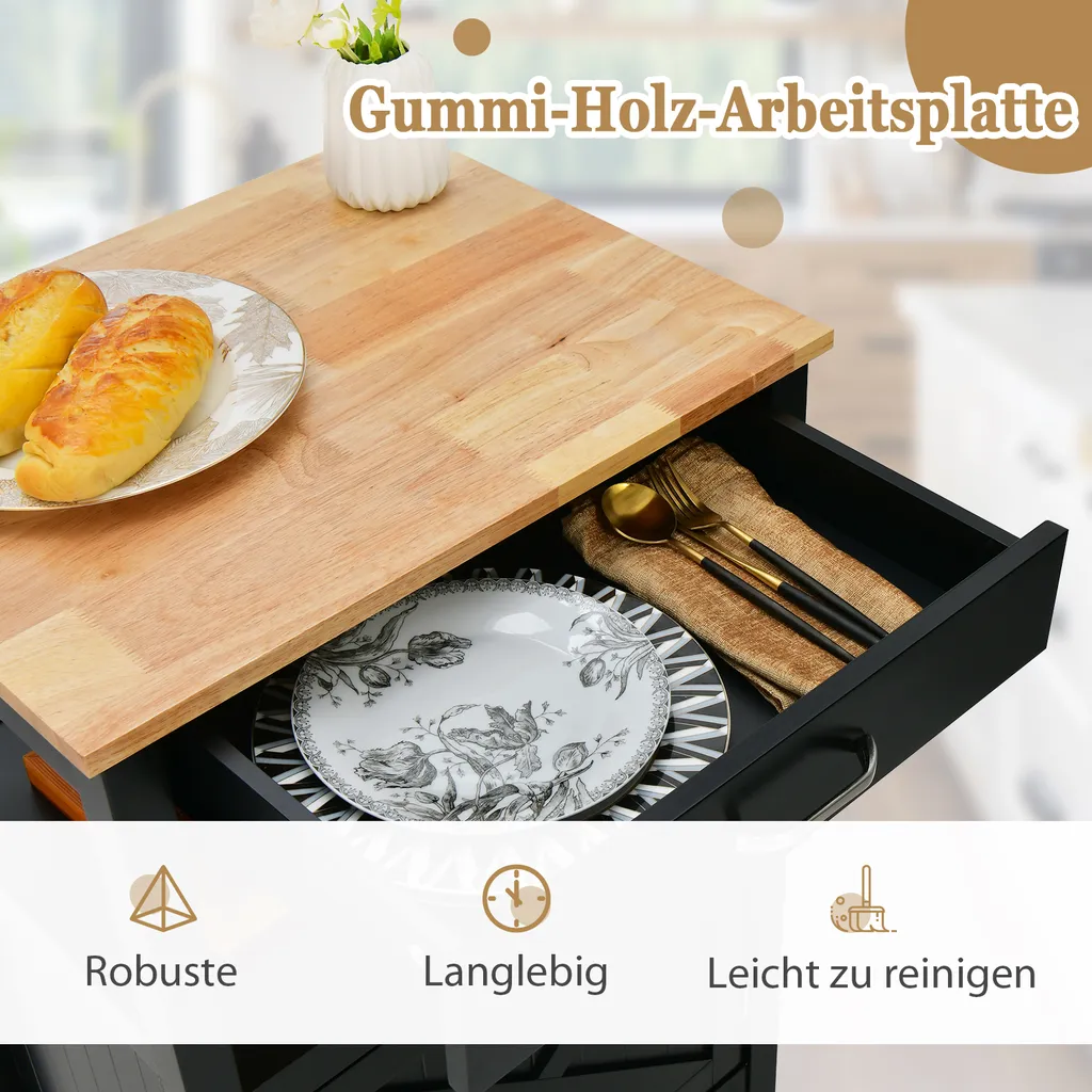 COSTWAY Kleiner Küchenwagen Auf Rollen, Servierwagen Mit Schrank & Schublade Und 3 Haken, Arbeitsplatte Aus Holz, Rollwagen Kücheninsel, Küchentrolley Im Landhausstil (Schwarz) 4 COSTWAY Kleiner Küchenwagen Auf Rollen, Servierwagen Mit Schrank & Schublade Und 3 Haken, Arbeitsplatte Aus Holz, Rollwagen Kücheninsel, Küchentrolley Im Landhausstil (Schwarz) – Bild 4