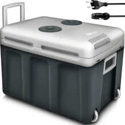 Tillvex Kühlbox Elektrisch 40L Grau Mit Rollen | Mini-Kühlschrank 230 V Und 12 V Für KFZ Auto Camping | Kühlt & Wärmt | ECO-Modus
