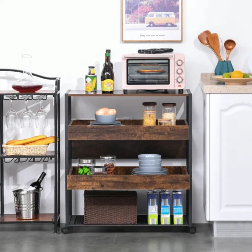 HOMCOM Küchenwagen Küchenrollwagen Servierwagen 3-stöckige Küchenregal Industrie-Design Mit Verstellbaren Füßen Rustikales Braun 80 X 40 X 90 Cm – Bild 2
