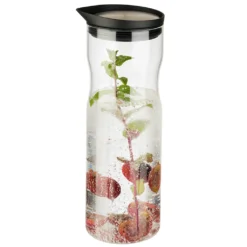 APS Glaskaraffe /// Ø 8 Cm, H: 25 Cm, 1 Liter /// Glas, 18/8 Edelstahl, Silikon /// Deckel Matt Poliert /// 10721