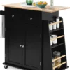 COSTWAY Kücheninsel Mit Handtuchhalter, Rollender Küchenwagen Aus Gummiholz Mit Verstellbarem Regal & 2 Schubladen & Gewürzregal, Servierwagen Modern Mit Räder Mit Bremsen (Schwarz)