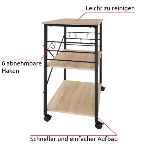 Tectake Servierwagen Rugby 65,5x45,5x88,5cm - Industrial Holz Hell, Eiche Sonoma – Bild 3