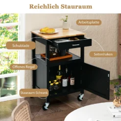COSTWAY Kleiner Küchenwagen Auf Rollen, Servierwagen Mit Schrank & Schublade Und 3 Haken, Arbeitsplatte Aus Holz, Rollwagen Kücheninsel, Küchentrolley Im Landhausstil (Schwarz) 9 COSTWAY Kleiner Küchenwagen Auf Rollen, Servierwagen Mit Schrank & Schublade Und 3 Haken, Arbeitsplatte Aus Holz, Rollwagen Kücheninsel, Küchentrolley Im Landhausstil (Schwarz) -Qualitätsladen Für Geschirr 793453c0ece0220648caae05a2228490