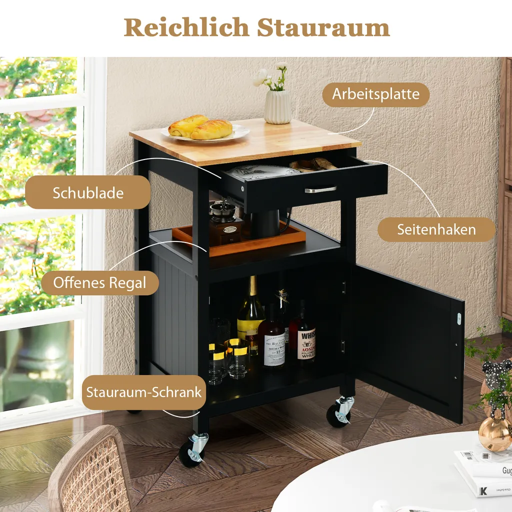 COSTWAY Kleiner Küchenwagen Auf Rollen, Servierwagen Mit Schrank & Schublade Und 3 Haken, Arbeitsplatte Aus Holz, Rollwagen Kücheninsel, Küchentrolley Im Landhausstil (Schwarz) 3 COSTWAY Kleiner Küchenwagen Auf Rollen, Servierwagen Mit Schrank & Schublade Und 3 Haken, Arbeitsplatte Aus Holz, Rollwagen Kücheninsel, Küchentrolley Im Landhausstil (Schwarz) – Bild 3