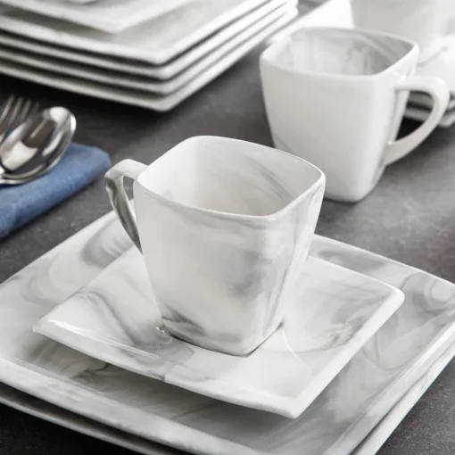 MALACASA, Serie Blance, 36 Tlg. Set Marmor Porzellan Kaffeeservice Geschirrset, Mit 12 Stück Kuchenteller, 12 Stück 180ml Tasse Und 12 Stück Untertasse Für 12 Personen – Bild 3