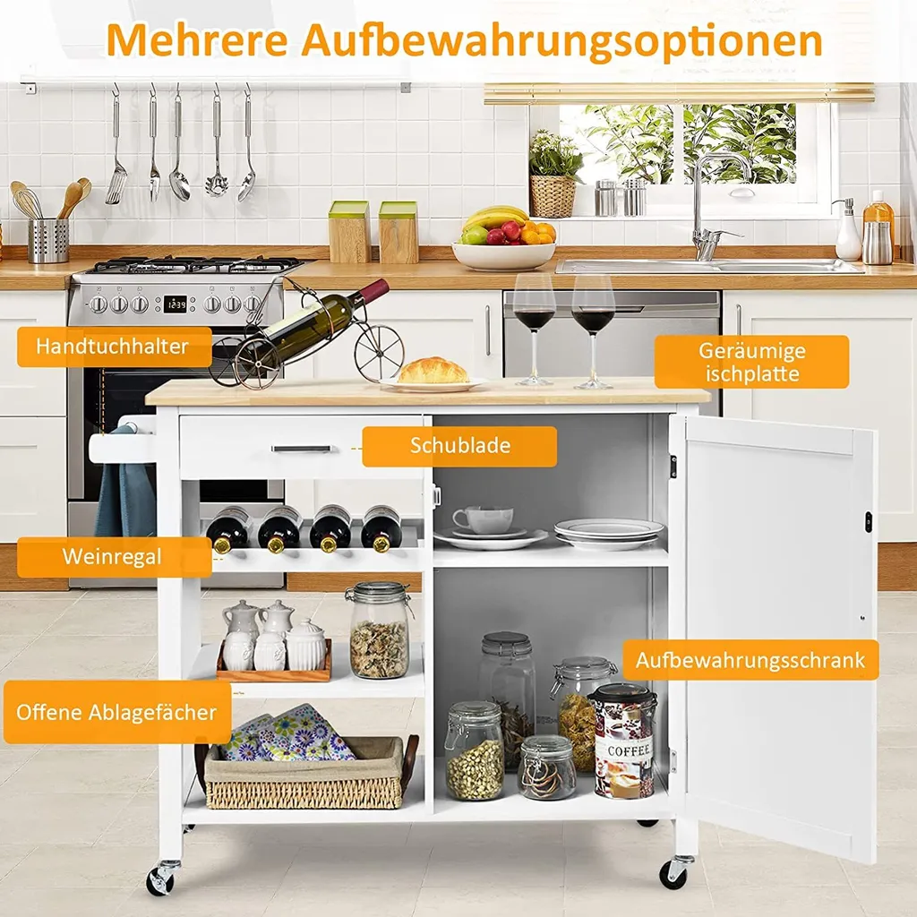 COSTWAY Küchenwagen Auf Rollen, Kücheninsel Mit Schublade, Weinregal, Offene Regale & Handtuchhalter, Platzsparender Servierwagen, Für Küche, Esszimmer, Bar, Weiß 3 COSTWAY Küchenwagen Auf Rollen, Kücheninsel Mit Schublade, Weinregal, Offene Regale & Handtuchhalter, Platzsparender Servierwagen, Für Küche, Esszimmer, Bar, Weiß – Bild 3