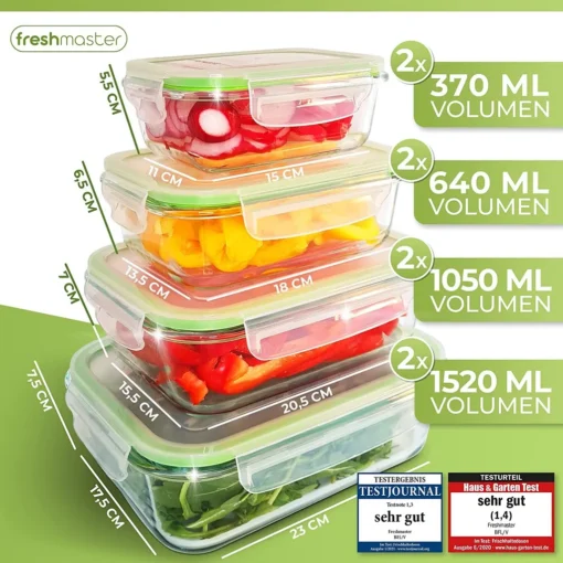 Fresh Master Frischhaltedosen Set 16-tlg. Borosililatglas, (2 X 370 Ml, 2 X 640 Ml, 2 X 1.050 Ml, 2 X 1.520 Ml Frischhaltedose Mit Deckel) – Bild 2