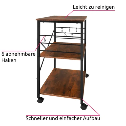 Tectake Servierwagen Rugby 65,5x45,5x88,5cm - Industrial Dunkelbraun – Bild 3