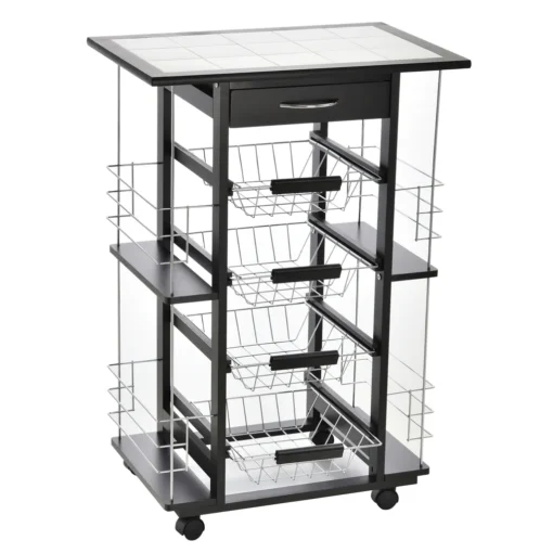 HOMCOM Servierwagen Auf Rollen, Küchenwagen Mit Arbeitsplatte Und Gewürzregal, Rollwagen, Küchentrolley, Kieferholz, Schwarz, 57 X 37 X 83 Cm