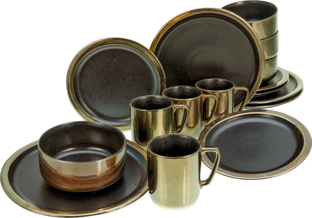 CreaTable 23592 Kombiservice Modern Industrial Für 4 Personen, Steinzeug, Schwarz/gold (1 Set, 16-teilig) 2 CreaTable 23592 Kombiservice Modern Industrial Für 4 Personen, Steinzeug, Schwarz/gold (1 Set, 16-teilig) – Bild 2