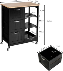 COSTWAY Küchenwagen Mit Tablett, Regalen Und 3 Großen Schubladen, Küchenschrank Rollbar, Kücheninsel Aus Kautschukholz, Servierwagen 67 X 37 X 82,5 Cm (Schwarz) -Qualitätsladen Für Geschirr 83186f2829d15ab944e95c700081d4b1